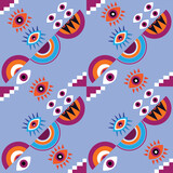 Awesome seamless pattern with esoteric eye different shapes, Magic, witchcraft, occult symbol, colorful line art. fabric, paper, textile. Vector Modern mythic graphic background illustration.