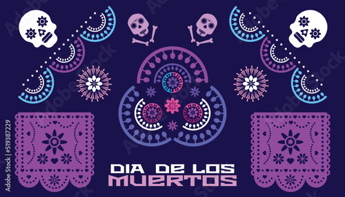 Dia de Los Muertos, Day of the Dead or Halloween greeting card, banner, invitation. Sugar skulls, candle, maracas, guitar, sombrero and marigold flowers, Catrina Calavera traditional Vector
