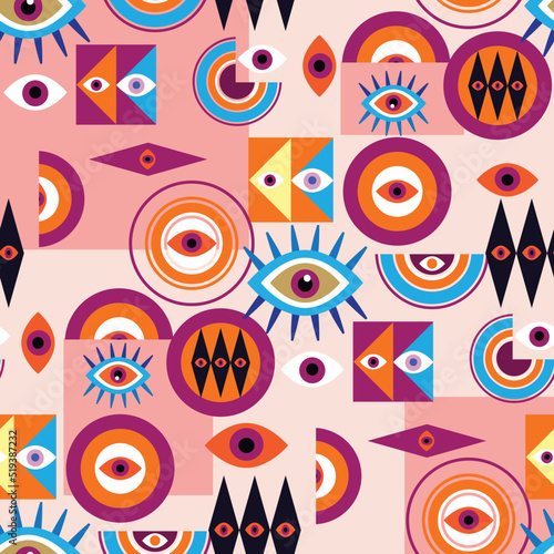 Awesome seamless pattern with esoteric eye different shapes, Magic, witchcraft, occult symbol, colorful line art. fabric, paper, textile. Vector Modern mythic graphic background illustration.