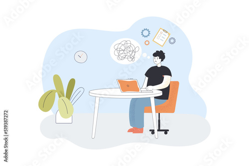 Sad office worker with work problem sitting at desk with laptop. Stress due to chaos in documents of man flat vector illustration. Challenge concept for banner, website design or landing web page