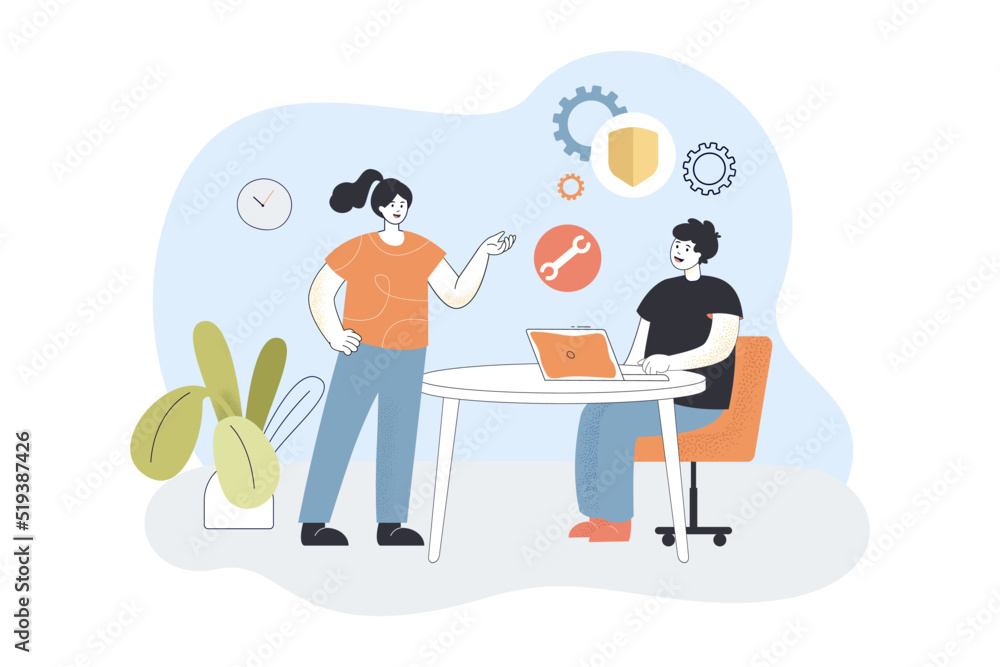 Fototapeta premium Technical worker installing software in laptop of user. Man and woman with gears, safety shield flat vector illustration. Maintenance service concept for banner, website design or landing web page