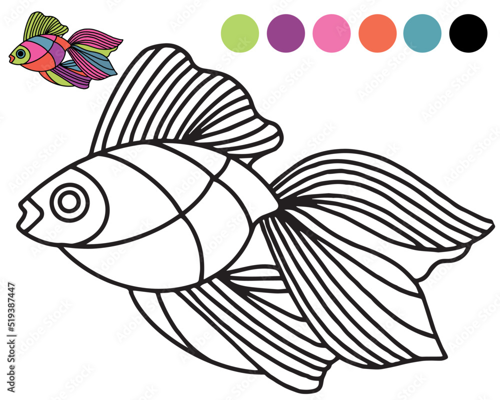 Fototapeta premium Bright fish coloring book on a white background. Doodle coloring book page funny fish in aquarium. Anti-stress coloring for adults and children. Illustration for the cover of a children's book, notebo