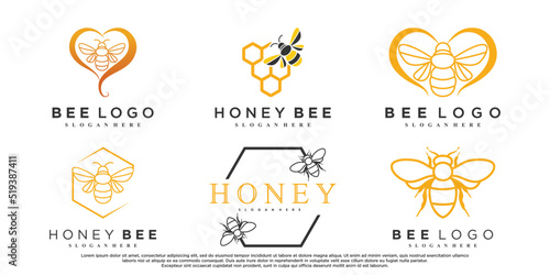 Set of honey bee animals logo design with creative element Premium Vector
