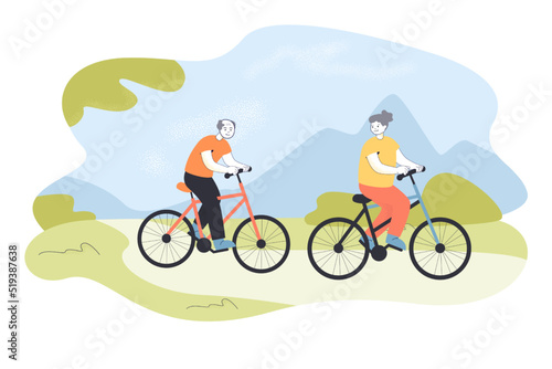 Grandmother and grandfather riding bicycles in park. Happy active old man and woman cycling outside flat vector illustration. Exercise, sport concept for banner, website design or landing web page