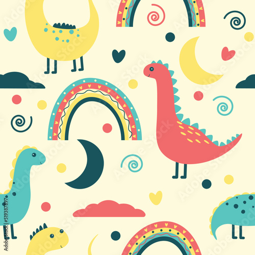 cute dinosaurs and rainbows vivid childish pattern