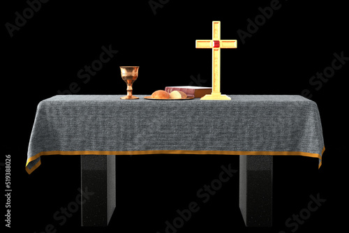Christian altar with chalice, bread, bible and cross isolated on white background. 3D Illustration photo