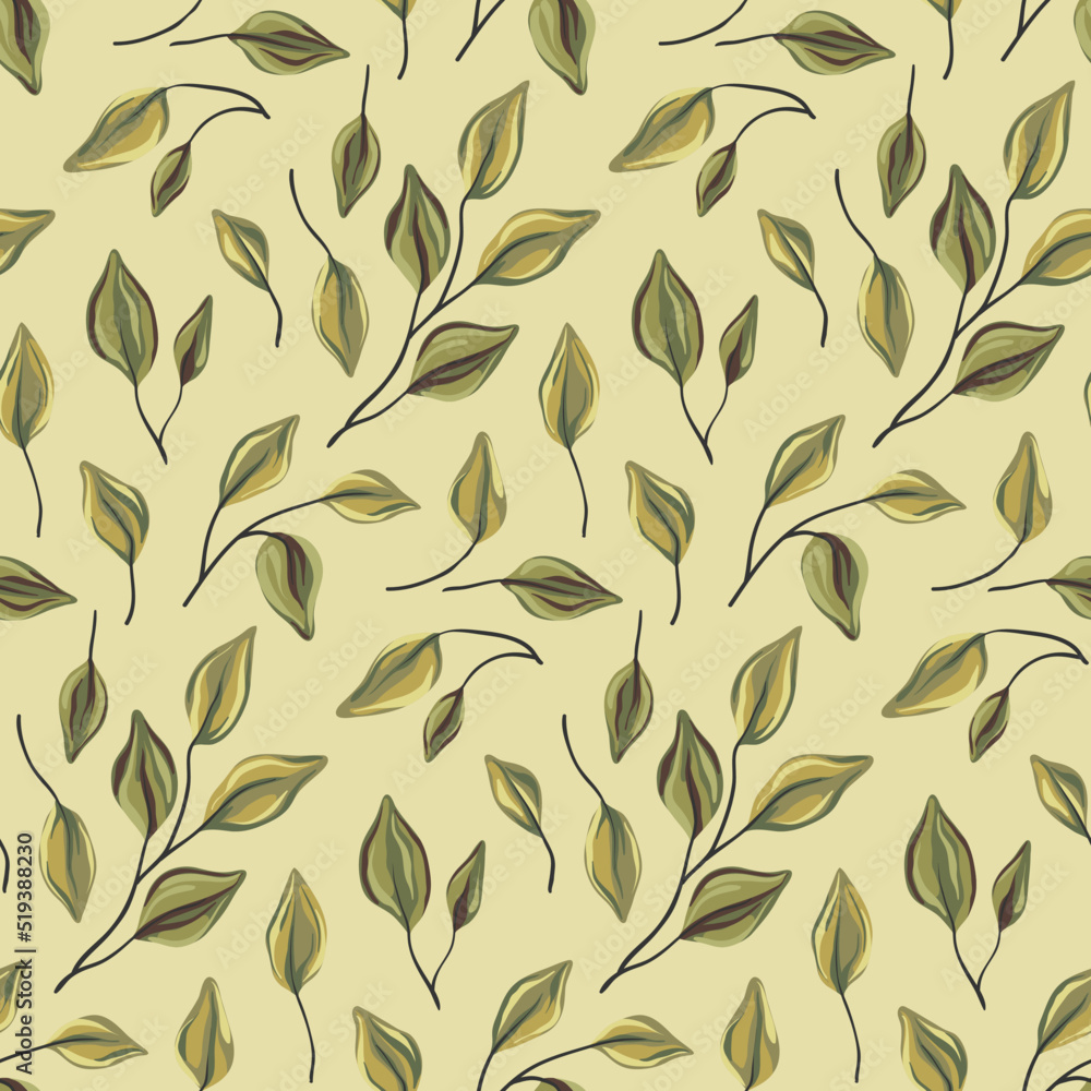 Seamless pattern with small hand drawn leaves in an abstract composition. Elegant botanical background, print with painting botany, falling foliage in natural colors. Vector illustration. Seamless pattern with small hand drawn leaves in an abstract composition. Elegant botanical background, print with painting botany, falling foliage in natural colors. Vector illustration.