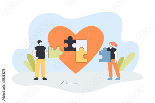 Couple connecting puzzle jigsaw inside red heart. Tiny man and woman building relationship together flat vector illustration. Love, compromise concept for banner, website design or landing web page