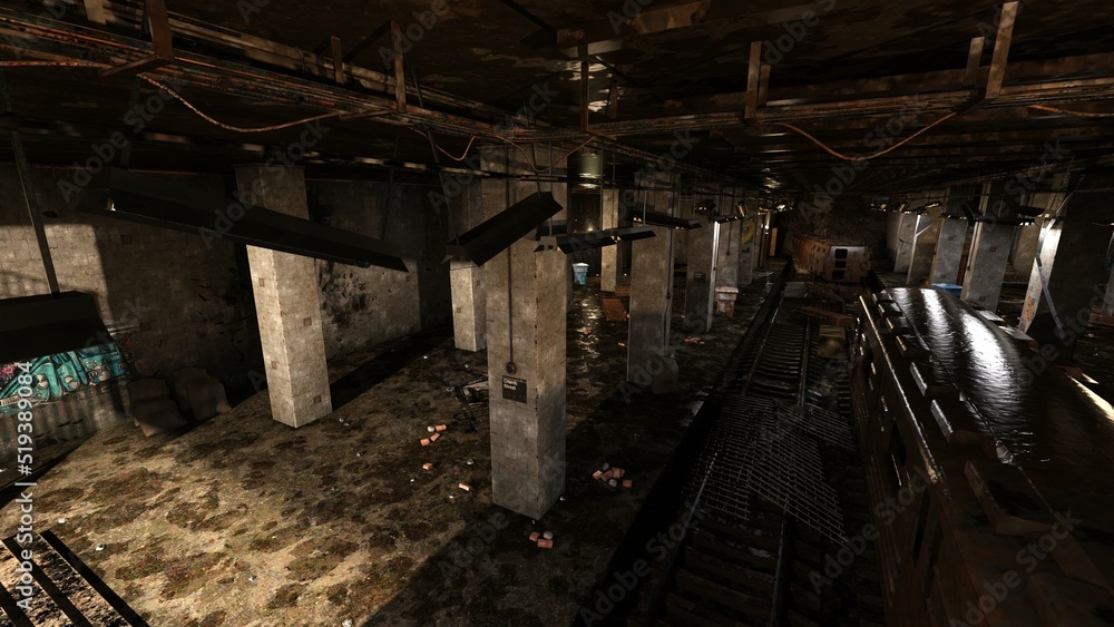 3D-illustration of a destroyed and abandoned subway station 3D-illustration of a destroyed and abandoned subway station