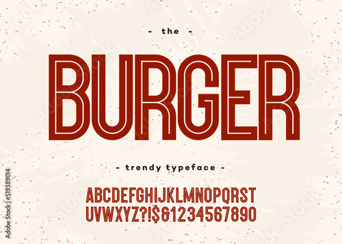 Vector bold burger font modern typography sans serif 3d style for menu, food market, promotion, poster, decoration, t shirt, sale banner, printing on fabric. Cool alphabet. Trendy typeface. 10 eps
