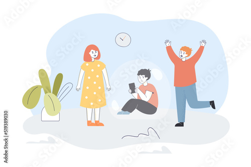 Sad child with phone sitting in bubble among playing kids. Loneliness of shy boy flat vector illustration. Internet addiction, network, puberty concept for banner, website design or landing web page