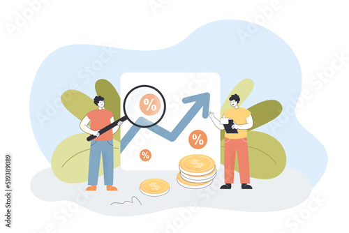 People looking through magnifying glass at profit graph growth. Tiny male analysts analyzing income in percent flat vector illustration. Interest concept for banner, website design or landing web page