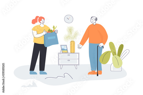 Delivering food to old man by young volunteer. Senior person receiving bag with grocery products flat vector illustration. Delivery, help concept for banner, website design or landing web page