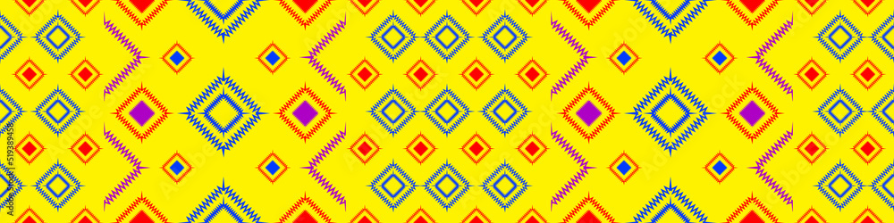 Geometric ethnic pattern seamless flower color yellow red. seamless pattern. Design for fabric, curtain, background, carpet, wallpaper, clothing, wrapping, Batik, fabric,Vector illustration Geometric ethnic pattern seamless flower color yellow red. seamless pattern. Design for fabric, curtain, background, carpet, wallpaper, clothing, wrapping, Batik, fabric,Vector illustration