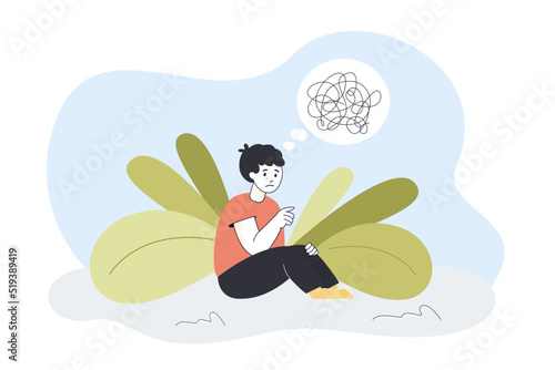 Confused sad kid sitting with tangled knot of thoughts. Headache, anxiety of depressed sick boy flat vector illustration. Stress, mental problem concept for banner, website design or landing web page