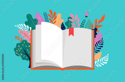 Book festival concept. Huge open book surrounding the many flowers, leaves, plants. Back to school, library concept design. Vector illustration, poster and banner