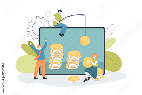 Tiny people with fishing rod catching dollar coins online. Male and female employees making money flat vector illustration. Finance, motivation concept for banner, website design or landing web page