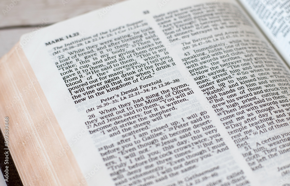 Open Holy Bible Book with verses about apostle Peter's denial of Jesus Christ. A closeup. Christian biblical concept. Open Holy Bible Book with verses about apostle Peter's denial of Jesus Christ. A closeup. Christian biblical concept.