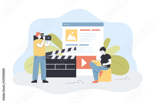 Blogger with laptop editing video content for blog. Tiny male videographer holding professional camera flat vector illustration. Vlog, channel concept for banner, website design or landing web page