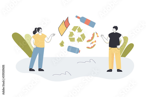Plastic, paper, glass waste flying near recycle sign and people. Man, woman sorting garbage for reuse flat vector illustration. Sorted pollution concept for banner, website design or landing web page