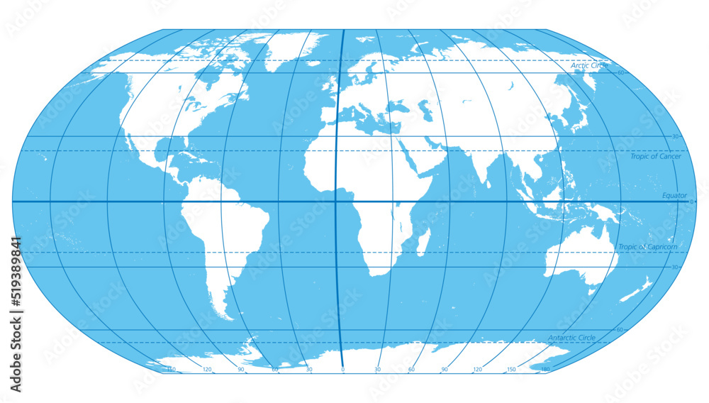 The World, important circles of latitudes and longitudes, blue colored