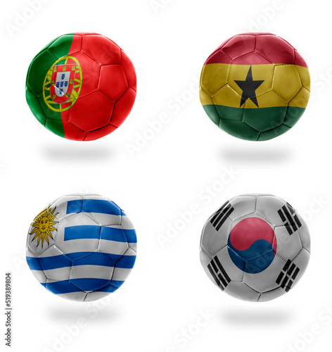 group . realistic football balls with national flags of portugal, ghana,uruguay,south korea,,soccer teams.