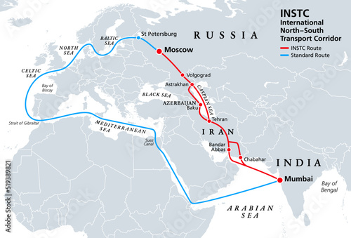 INSTC, International North–South Transport Corridor, political map. Network for moving freight, with Moscow as north end and Mumbai as south end, replacing the standard route across Mediterranean Sea. photo