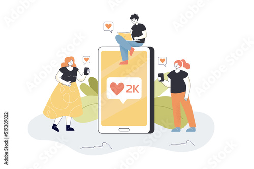 Tiny audience of followers sending likes to viral content. Male and female characters with big phone flat vector illustration. Loyalty, community concept for banner, website design or landing web page