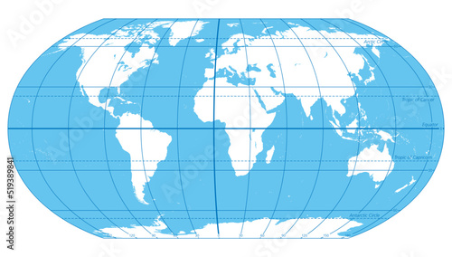 The World, important circles of latitudes and longitudes, blue colored political map. Equator, Greenwich meridian, Arctic and Antarctic Circle, Tropic of Cancer and Capricorn. Illustration. Vector. photo