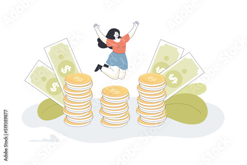 Happy rich woman winning money. Tiny ecstatic girl jumping over stacks of coins and dollar bills flat vector illustration. Success, jackpot concept for banner, website design or landing web page