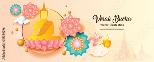 Banner Buddha statue meditating with flower religion on yellow vector background - Magha puja day, Vesak day banner, important Buddhism days Thailand culture