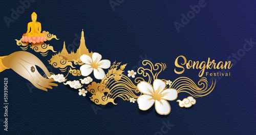 Songkran Festival, Thailand travel concept vector background - Golden Buddha statue of Thailand, Hand water splash