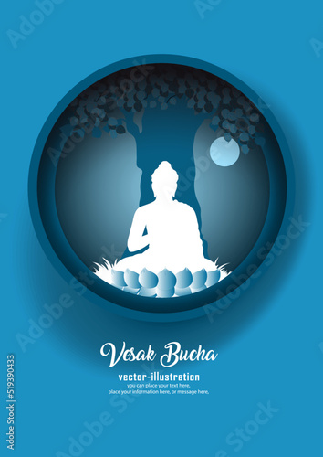 Vesak banner buddha bodhi tree moonlight paper art on blue vector background