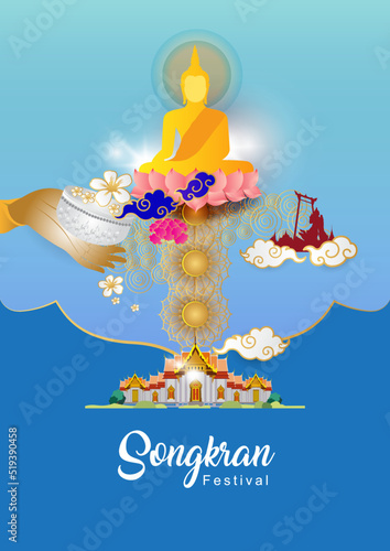 Songkran Festival in Thailand Vector background, Thai traditional, Thai Water Splash with Landmark temple and Jasmine Flowers
