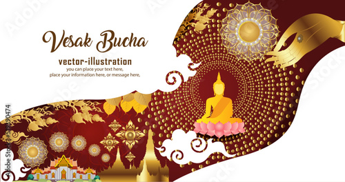 Makha Bucha banner paper art vector background. Magha puja day, Vesak day banner, important Buddhism days Thailand culture