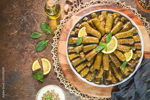 Arabic Cuisine; Traditional delicious stuffed vine leaves. Served with yogurt salad and fresh lemon. Top view with close up.