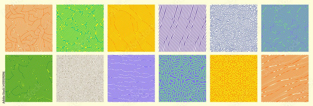 Seamless patterns, abstract organic lines color backgrounds set. Biological patterns with yellow, purple and blue memphis dots, irregular squiggle lines and abstract shape texture - obrazy, fototapety, plakaty 