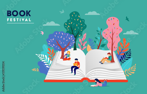 Book festival concept of a small people, kids reading an open huge book. Back to school, library concept design. Vector illustration, poster and banner photo