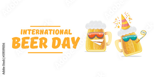 Happy international beer day horizonatal banner with cartoon funny beer glass friends characters with sunglasses isolated on white background. International beer day cartoon comic poster