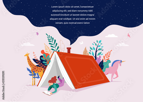 Book festival concept. Little girl reading in the open huge book, opened as a home. Fantasy, adventures and Imagination concept design. Vector illustration, poster and banner 
