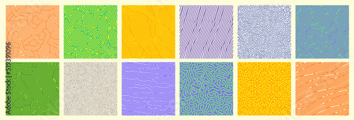 Seamless patterns, abstract organic lines color backgrounds set. Biological patterns with yellow, purple and blue memphis dots, irregular squiggle lines and abstract shape texture