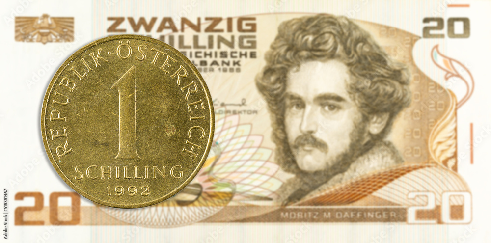 Fototapeta premium 1 austrian schilling coin against 20 austrian schilling bank note