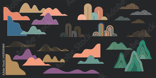 Collection of hand drawn clouds and mountains. Chinese and Japanese vector illustrations. Oriental decorations and elements