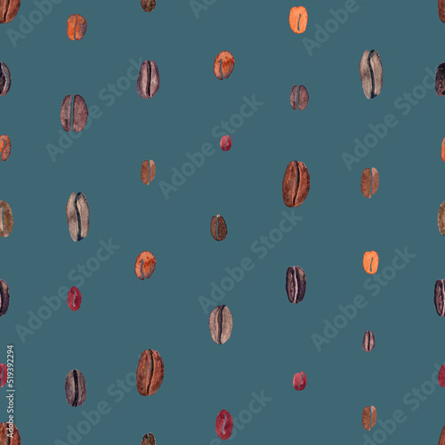 Watercolor seamless hand drawn pattern with coffee beans