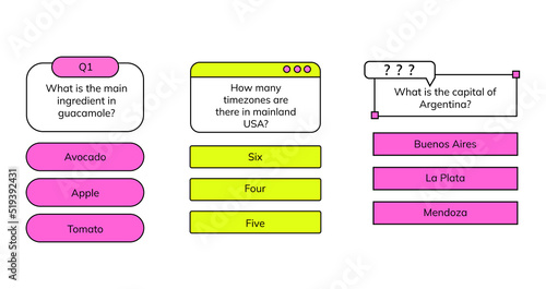 Quiz game test menu templates set. Quiz game. Vector template. uiz test lottery millionaire