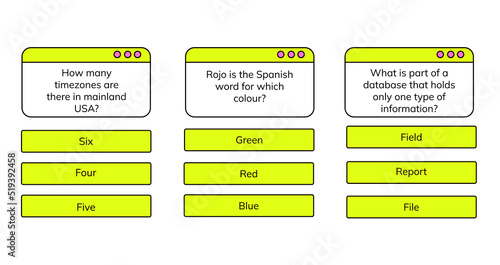 Quiz game test menu template. Quiz game. Online quiz game. Vector template. Quiz templates set