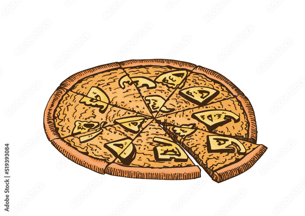 Vector hand-drawn delicious pizza on white isolated, fast food element