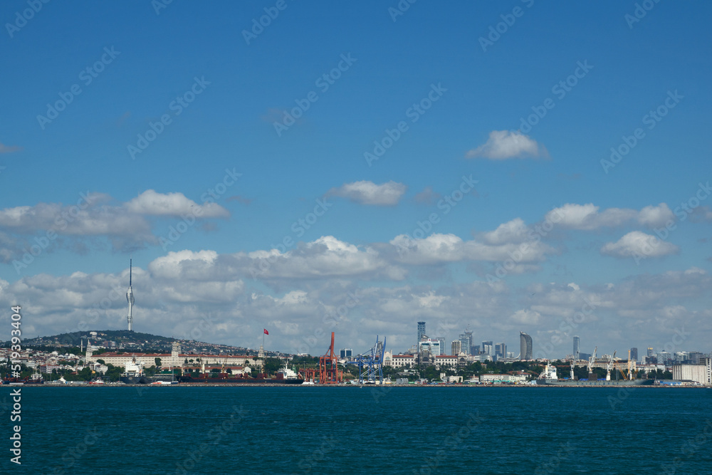 Istanbul, Turkey: City panorama at noon on the Bosporus with the new TV tower Kücük Camlıca. It was opened in June 2021 and, at 369 metres, is the tallest structure in Turkey.
