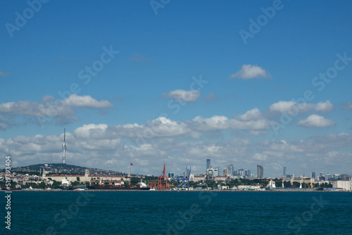 Istanbul  Turkey  City panorama at noon on the Bosporus with the new TV tower K  c  k Caml  ca. It was opened in June 2021 and  at 369 metres  is the tallest structure in Turkey.