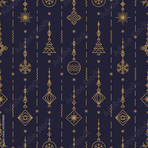 Christmas pattern with new years toy - ball, snowflake, tree art deco line style on black background for poster, sale, greeting cards, product promotion, web design, decoration. Vector Illustration